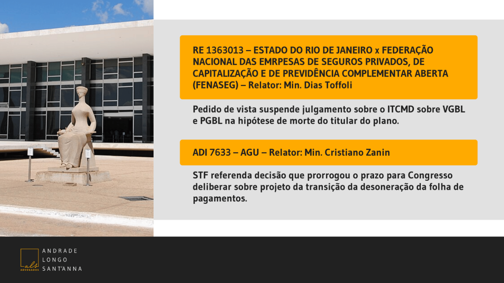 STF: Pedido de vista suspende julgamento sobre o ITCMD sobre VGBL e PGBL na hipótese de morte do titular do plano.